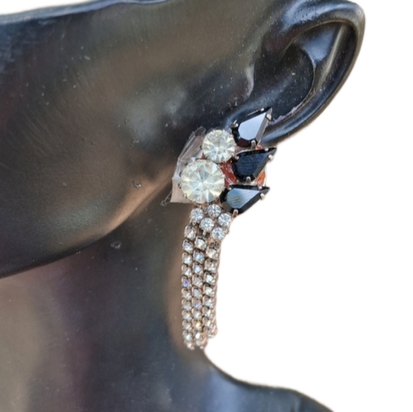Vintage 1950s Rhinestone Waterfall Clip-On Earrings – Glam Statement Sparkle! - Picture 1 of 5
